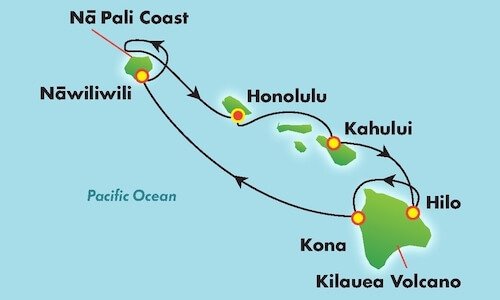 Map of the four-island cruise route around the Hawaiian islands, round-trip from Honolulu